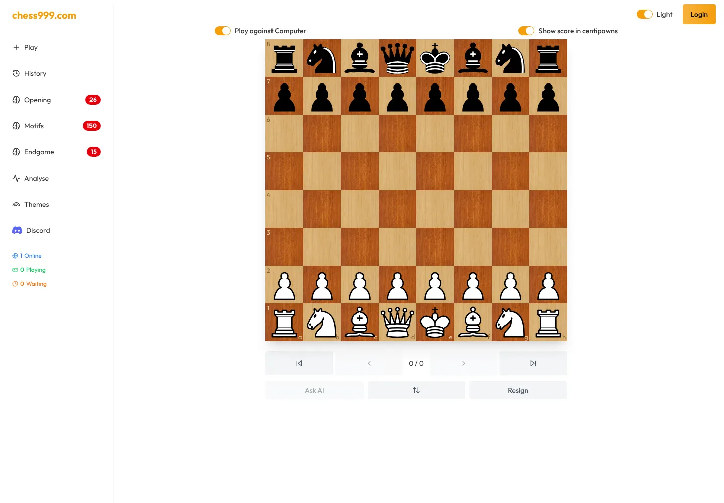 Chess999's public computer-play and analysis board with Stockfish controls
