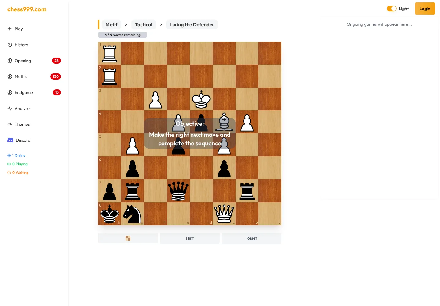 The current Chess999 home screen showing a playable motif, training-library counts, and live game status