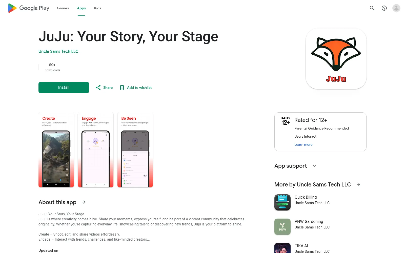 JuJu's public Google Play listing showing its current download range and product screens