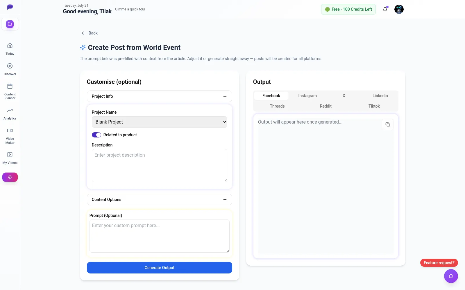 The current content creation workflow; I implemented publishing for X, Facebook Pages, Threads, and Reddit