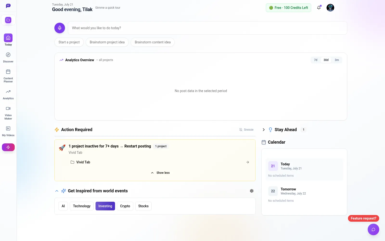 The current NextPostAI dashboard shown with a private test account