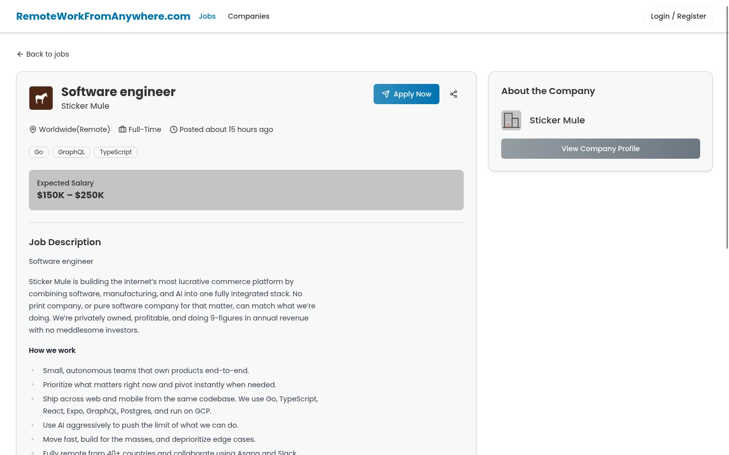 A public software-engineering job detail showing mapped company, employment, salary, skills, description, and external application information