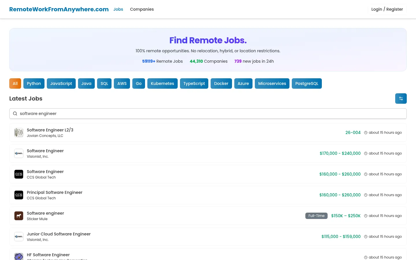 The public RemoteWorkFromAnywhere job board after its live data finished loading in light mode