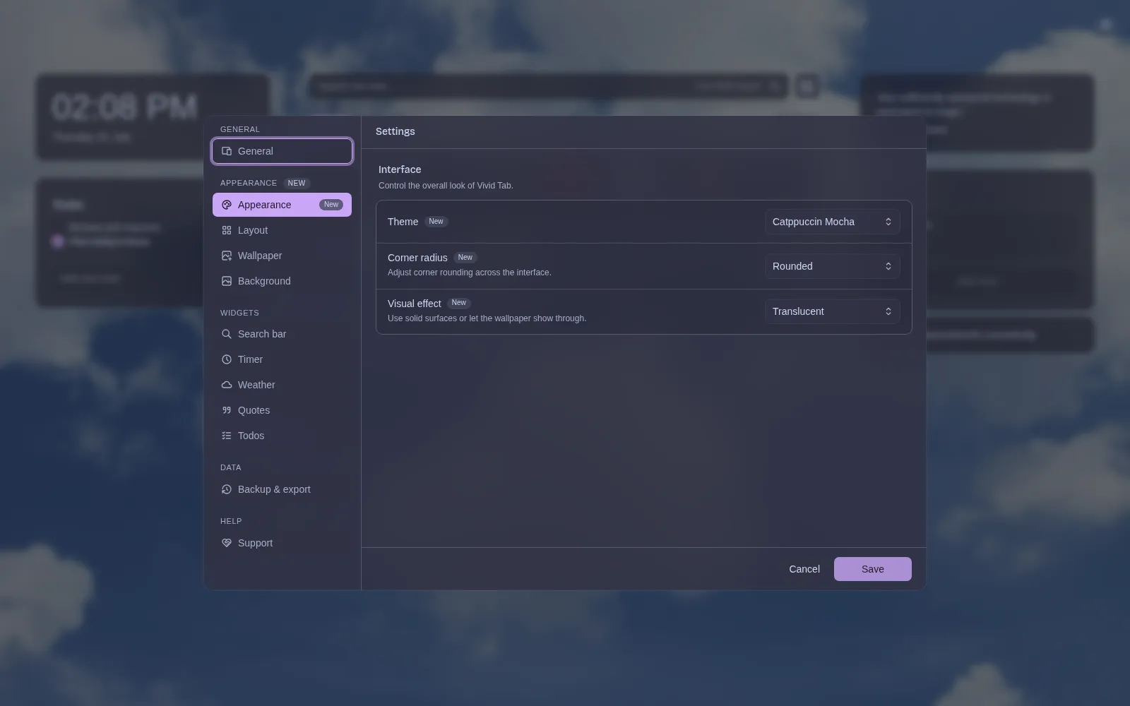 Vivid Tab's appearance settings showing the Catppuccin Mocha theme, rounded controls, and translucent surfaces