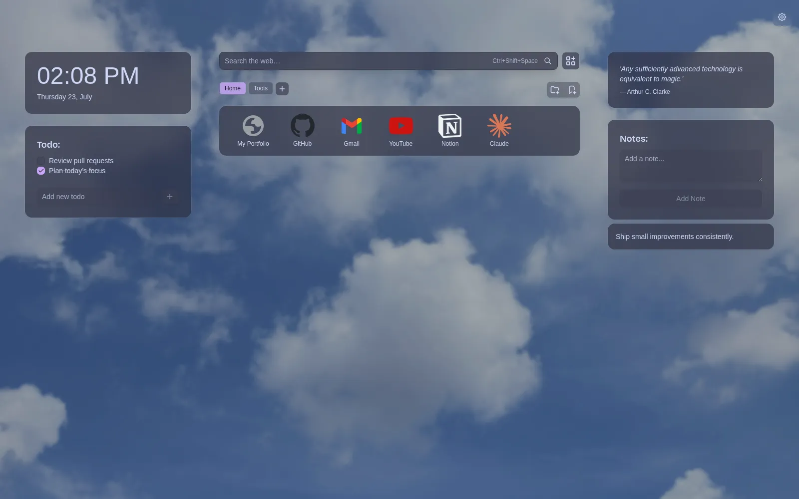 Vivid Tab's current Catppuccin Mocha dashboard with real-world demo bookmarks, todos, notes, quotes, and a custom layout