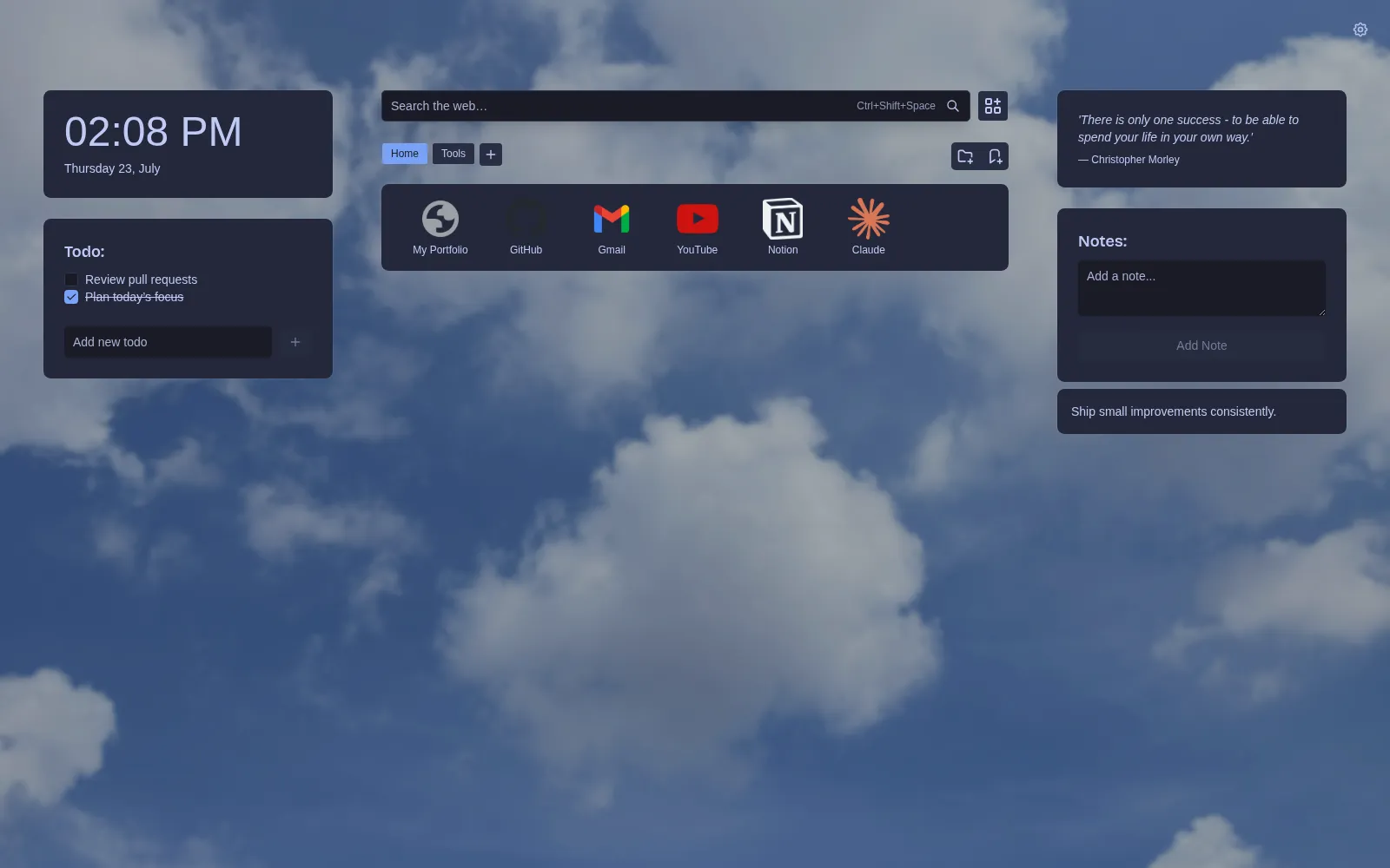 The same Vivid Tab setup using the Tokyo Night theme with smaller corners and opaque surfaces